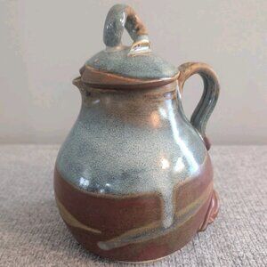 Handmade Rustic Salt Glazed Blue/Brown Pottery Jug with Lid, Signed, 17cm/6"